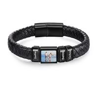 Personalised Men's Bracelet Leather Bracelet with Name Photo Gift for Men Dad Husband Boyfriend Grandad Friend (Black-3 name)