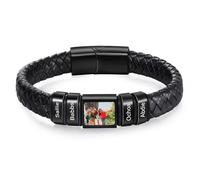 Personalised Men's Bracelet Leather Bracelet with Name Photo Gift for Men Dad Husband Boyfriend Grandad Friend (Black-4 name)