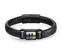 Personalised Men's Bracelet Leather Bracelet with Name Photo Gift for Men Dad Husband Boyfriend Grandad Friend (Black-2 name)