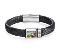 Personalised Men's Bracelet Leather Bracelet with Name Photo Gift for Men Dad Husband Boyfriend Grandad Friend (Silver-1 name)