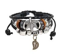 Personalised Mens Bracelet, Leather Stainless Steel Maple Leaf Silver Braided Ankle Bracelets for Women and Men, Charm Jewelry Gift Set with Adjustable Design