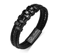 Personalised Mens Bracelets for Brother - Engraved 1 to 9 Family Names Beads Genuine Braided Leather Bracelet Wristband for Brother, Customised Gifts for Birthday Christmas, Men's Bracelet, Black