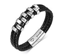 Personalised Mens Bracelets for Grandpa - Engraved 1 to 9 Family Names Beads Genuine Braided Leather Bracelet Wristband for Grandpa, Customised Men's Gifts for Birthday Christmas Father's Day, Silver