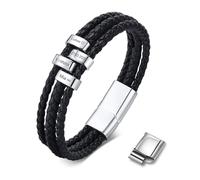 Personalised Mens Bracelets Leather Bracelet - Genuine Braided Leather Wristband with 1 to 9 Beads Engrave Names for Dad Son Husband Brother Grandson Grandpa Uncle Men Gifts for Birthday Christmas