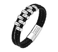 Personalised Mens Bracelets Leather Bracelet - Genuine Braided Leather Wristband with 9 Beads Engraved 1 to 9 Names for Men Him BFF, Family Friends Lover Gift for Birthday Christmas, Silver