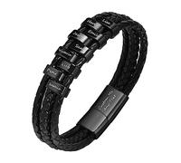 Personalised Mens Bracelets Leather Bracelet - Genuine Braided Leather Wristband with 9 Beads Engraved 1 to 9 Names for Men Him BFF, Family Friends Lover Gift for Birthday Christmas, Black