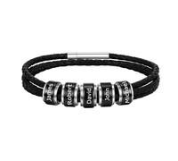 Personalised Mens Leather Bracelet Handmade Braided Bracelets Engraved Name Black Band with Small Custom Beads Gifts for Dad Husband Grandpa Boyfriends 1-6 Names Birthday Christmas Day (23cm-black-5)