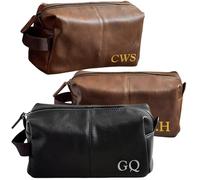 Personalised Men's Wash Bag with Strap, Black or Brown PU Leather Toiletry Bag, Customisable Initials, Travel Toiletries Organiser for Gym & Holidays, 25x15x12cm