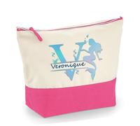 Personalised Mermaid Initial with Name, Mermaid Girls Gift, Travel Bag, Girl Makeup Bag, Canvas Accessory Bag. (Natural True Pink, L)