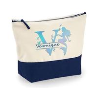 Personalised Mermaid Initial with Name, Mermaid Girls Gift, Travel Bag, Girl Makeup Bag, Canvas Accessory Bag. (Natural Navy, L)