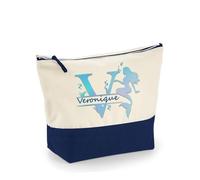 Personalised Mermaid Initial with Name, Mermaid Girls Gift, Travel Bag, Girl Makeup Bag, Canvas Accessory Bag. (Natural Navy, M)