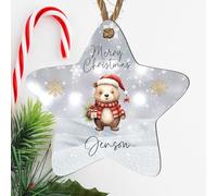Personalised Merry Christmas Bear Star Bauble - Custom Name Keepsake Ornament - Cute Christmas Tree Decoration for Kids and Adults, (Grey, Mdf Wood Indoor Use Only)