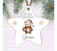Personalised Merry Christmas Bear Star Bauble - Custom Name Keepsake Ornament - Cute Christmas Tree Decoration for Kids and Adults, (White, Acrylic Indoor & Outdoor Use)