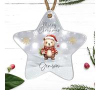 Personalised Merry Christmas Bear Star Bauble - Custom Name Keepsake Ornament - Cute Christmas Tree Decoration for Kids and Adults, (Grey, Acrylic Indoor & Outdoor Use)
