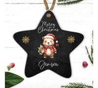 Personalised Merry Christmas Bear Star Bauble - Custom Name Keepsake Ornament - Cute Christmas Tree Decoration for Kids and Adults, (Black, Acrylic Indoor & Outdoor Use)