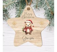 Personalised Merry Christmas Bear Star Bauble - Custom Name Keepsake Ornament - Cute Christmas Tree Decoration for Kids and Adults, (Beige, Mdf Wood Indoor Use Only)