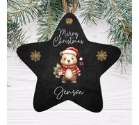 Personalised Merry Christmas Bear Star Bauble - Custom Name Keepsake Ornament - Cute Christmas Tree Decoration for Kids and Adults, (Black, Mdf Wood Indoor Use Only)