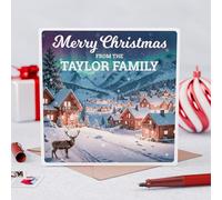 Personalised Merry Christmas Card - Custom Family Name & Message - Festive Holiday Greeting Card with Snowy Village Design - 148mm Square with Envelope