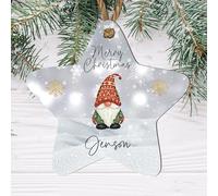 Personalised Merry Christmas Gnome Star Bauble - Custom Name Keepsake Ornament - Unique Christmas Tree Decoration for Kids and Adults (Grey, Mdf Wood Indoor Use Only)
