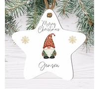 Personalised Merry Christmas Gnome Star Bauble - Custom Name Keepsake Ornament - Unique Christmas Tree Decoration for Kids and Adults (White, Mdf Wood Indoor Use Only)