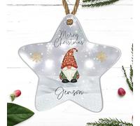Personalised Merry Christmas Gnome Star Bauble - Custom Name Keepsake Ornament - Unique Christmas Tree Decoration for Kids and Adults (Grey, Acrylic Indoor & Outdoor Use)