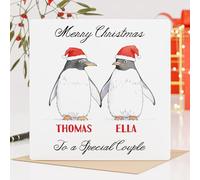 Personalised Merry Christmas Penguin Couple Card - Custom Names & Message - Christmas Greeting Card for Couples, Friends & Family - Square 148mm with Envelope