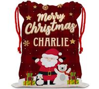 Personalised Merry Christmas themed Linen Santa Sack with Drawstrings Present-Toy Bag, stocking Filler Gift Bag.