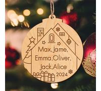 Personalised Merry Christmas Tree Bauble Customed Xmas Decoration for New Baby New Home Engraved Names of Family member Wooden Christmas Tree Ornament for Family(Round)