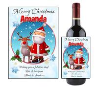 Personalised Merry Christmas Wine Champagne Bottle Label Xmas Santa Reindeer Stocking Gift Idea for him her Mum Dad Office Secret Santa N159Q