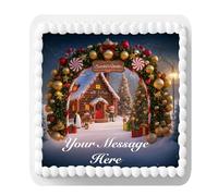 Personalised Message Christmas Santa's Grotto Themed 7.5inch SQUARE Edible Icing Cake Topper Decoration. Perfect for large cakes