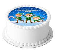 Personalised Message Cute Christmas Elf Elves Themed 7.5inch CIRCLE Edible Icing Cake Topper Decoration. Perfect for large cakes