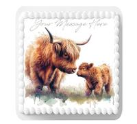 Personalised Message Highland Cow Themed 7.5inch SQUARE Edible Icing Cake Topper Decoration. Perfect for large cakes