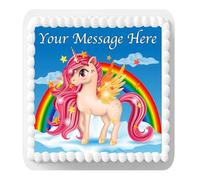 Personalised Message Unicorn Rainbow 7.5inch SQUARE Edible Icing Cake Topper Decoration. Perfect for large cakes