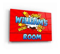 Personalised Metal Comic Book Style Room Door Sign with Bottom Message - Red with Blue Text & Message. Add Child Name and Message to Personalise Bedroom, Nursary, Treehouse, Playroom.