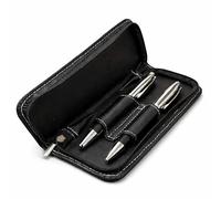 Personalised Metal Pen Set with Zipped PU Leather Pouch, Ballpoint and Rollerball Pens, Blue and Black Ink, Gold Embossed Initials