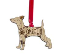 Personalised Miniature Pinscher Dog Christmas Tree Bauble, Jumper with Snowflakes Design, Oak Veneer Wood or White Wood Decoration with Red Ribbon (Oak Veneer, Decoration with Gift Box)