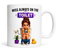Personalised Miss Always on the Toilet Funny Coffee Mug, Dual-Sided Design, White Ceramic, Novelty Gift for Women, Choice Of Blonde or Brown Hair, Gift for Wives or Girlfriends, 11oz (Brown Hair)