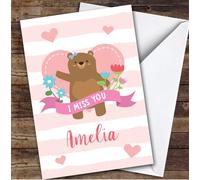 Personalised Miss You Card For Anyone Bear Heart Pink Flower | Custom Greetings Card For Miss You Any Text Inside & Out