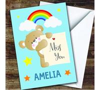 Personalised Miss You Card For Anyone Bear Rainbow Sign Blue | Custom Greetings Card For Miss You Any Text Inside & Out