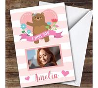 Personalised Miss You Card For Anyone Photo Bear Heart Pink Flower | Custom Greetings Card For Miss You Any Text Inside & Out