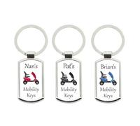 Personalised Mobility Scooter Keyring, Chrome Gift for Grandad or Nan | Curved chrome rectangle, personalised with name and message, red, blue or black options, 7.8 x 3.2 cm, gift box included