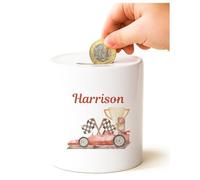 Personalised Money Bank Boys Racing Car, Kids Money Box Customised Gift Baby Child
