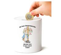 Personalised Money Bank Christening Gift for Boys - Blue Ceramic Baptism Money Box - Customised Gift with Cross Design for Baby or Child - Ideal Keepsake Present