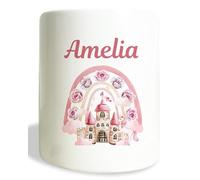 Personalised Money Bank Girls Unicorn Castle, Kids Money Box Customised Gift Baby Child Birthday