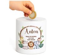 Personalised Money Bank Jungle, Kids Ceramic Money Box Customised Gift Baby Child 1st Birthday Christening Present
