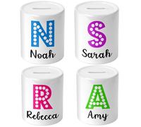 Personalised Money Box, Custom Name, Initial, Dots, Piggy Bank, Alphabet Letter, Ceramic Savings Jar, Money Box for Kids, New Baby Gift, Nursery Decor, Newborn, Christening, Gift, for Boys or Girls