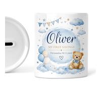 Personalised Money Box for Baby Boy - Blue Teddy Bear Ceramic Piggy Bank - Christening Gift Keepsake