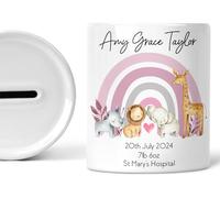 Personalised Money Box, New Baby, Custom Name Gift, Baby's Piggy Bank, Christening, Baby Girls, Boys, Baptism, Keepsake (PINK)