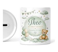 Personalised Money Box - Sage Green Teddy Bear Ceramic Piggy Bank for Baby - Nursery Keepsake Gift