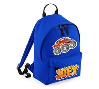 Personalised Monster Truck Gift - Custom Name Design, Ideal for Boys, 9 litres Mini Fashion Backpack for Nursery, Bookbags, Rucksack, Shoulder Bag. (Bright Royal)